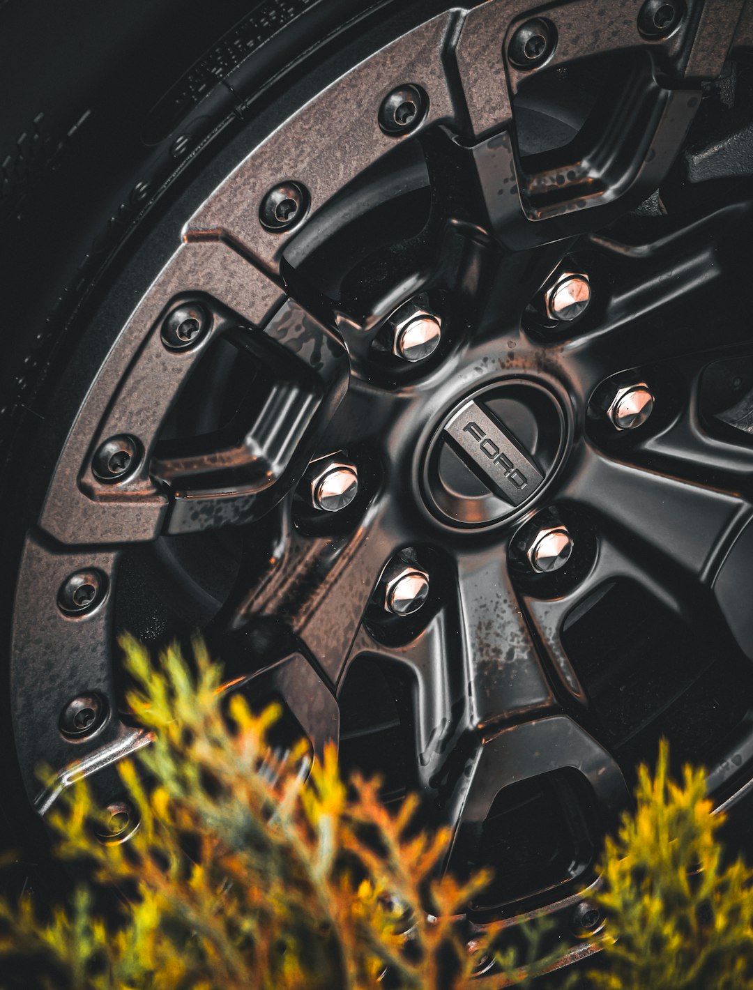 This intensely moody close-up captures the aggressive, tactical beauty of a Ford off-road wheel, enhanced by dramatic, dark lighting. The deep, satin black finish of the multi-spoke design is powerfully contrasted by the bright sheen of the lug nuts and the industrial texture of the faux beadlock ring. The vibrant, fiery-toned foliage bursting into the foreground adds an incredible, almost cinematic visual tension, perfectly symbolizing the meeting of raw nature and engineered might. Boulevard Ford in Millsboro